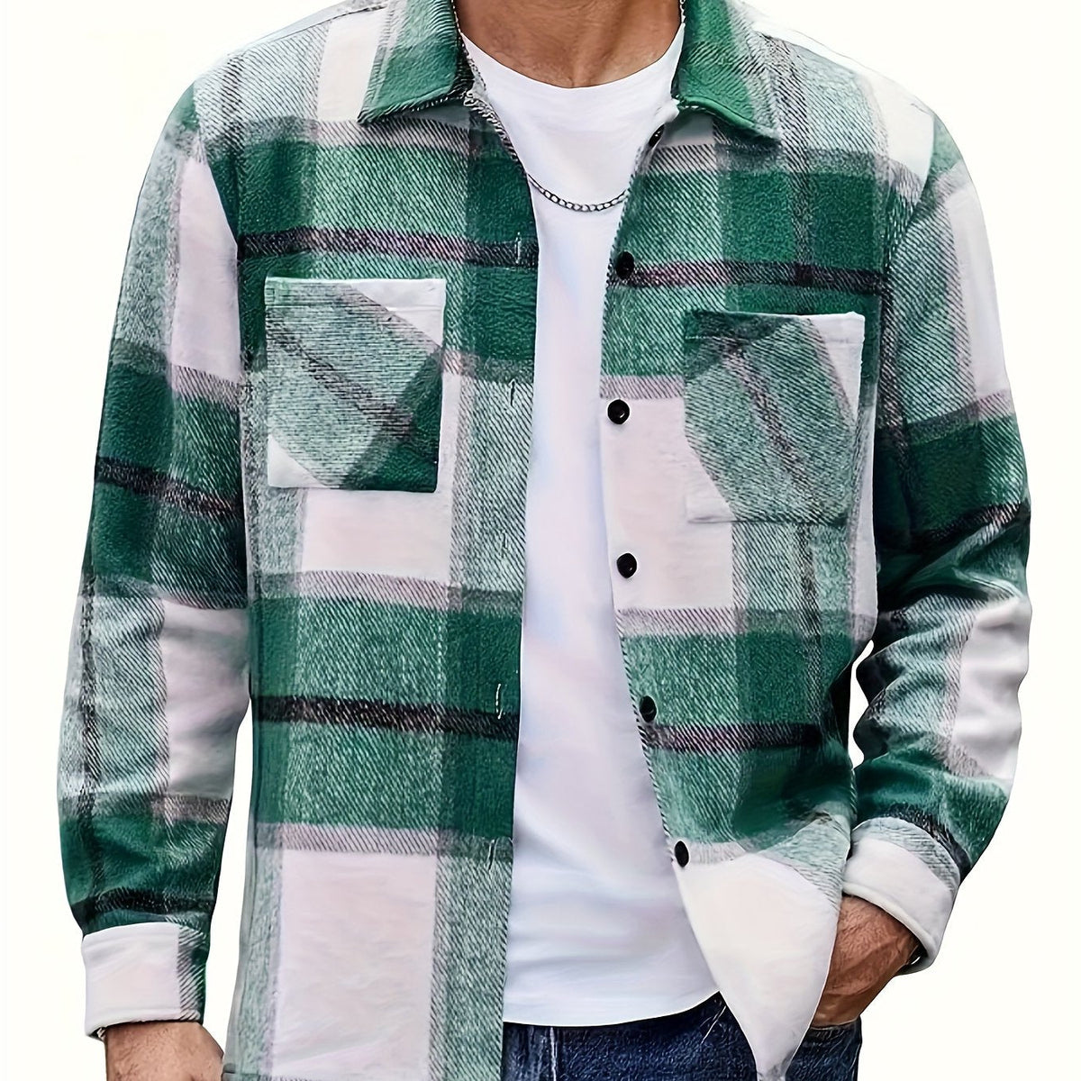 Check Pattern Button Front Overshirt with Dual Chest Pockets and Adjustable Cuffs