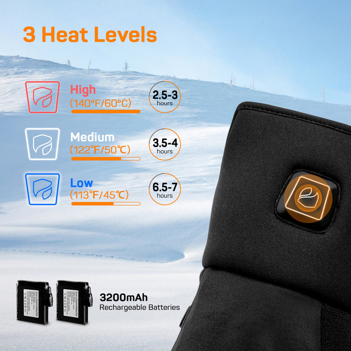 Electric heated gloves with touchscreen fingertips and 3 temperature settings