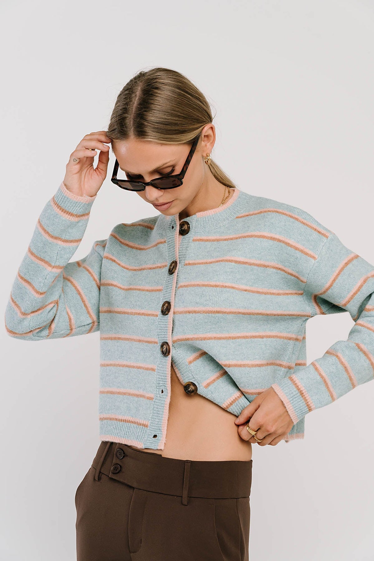 Button Front Cardigan with Stretch Knit Blend and Ribbed Hemlines