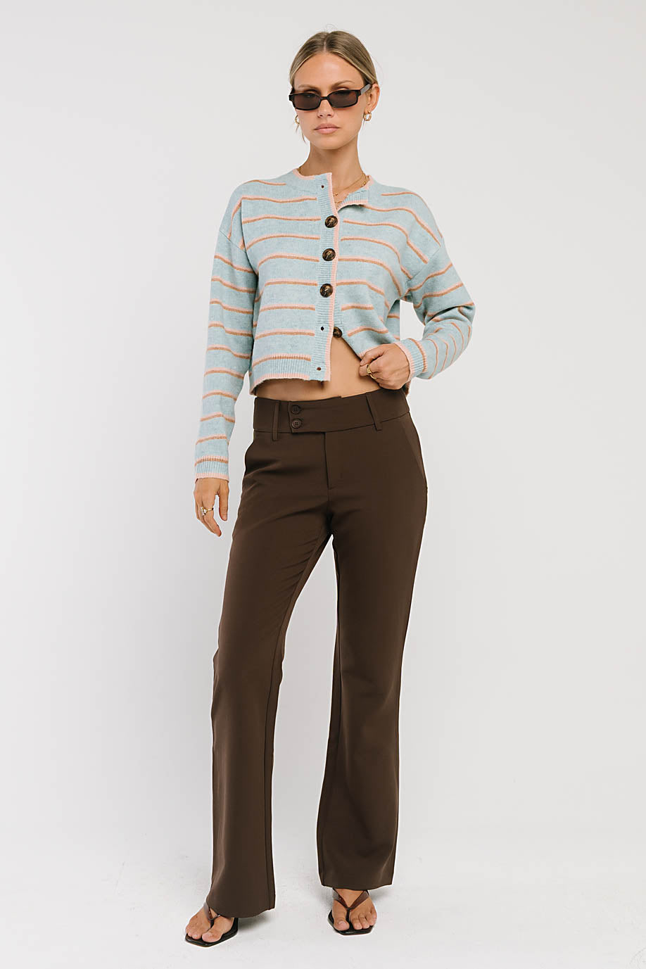Button Front Cardigan with Stretch Knit Blend and Ribbed Hemlines
