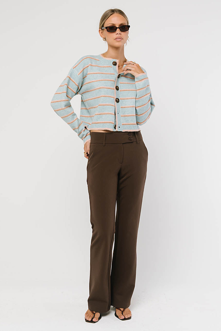 Button Front Cardigan with Stretch Knit Blend and Ribbed Hemlines