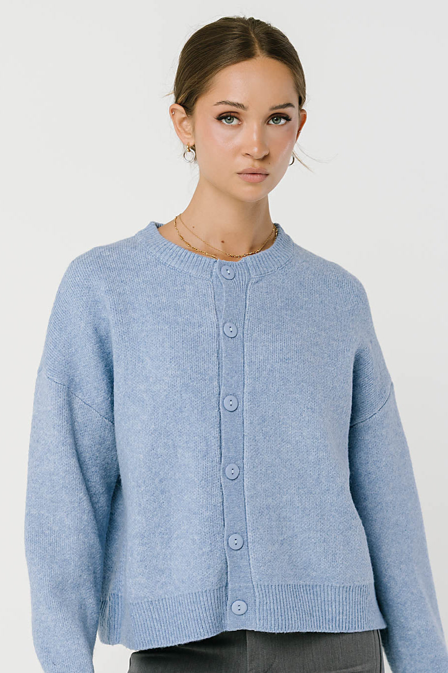 Stretch Knit Cardigan with Button Front and Ribbed Hemlines, Light Blue
