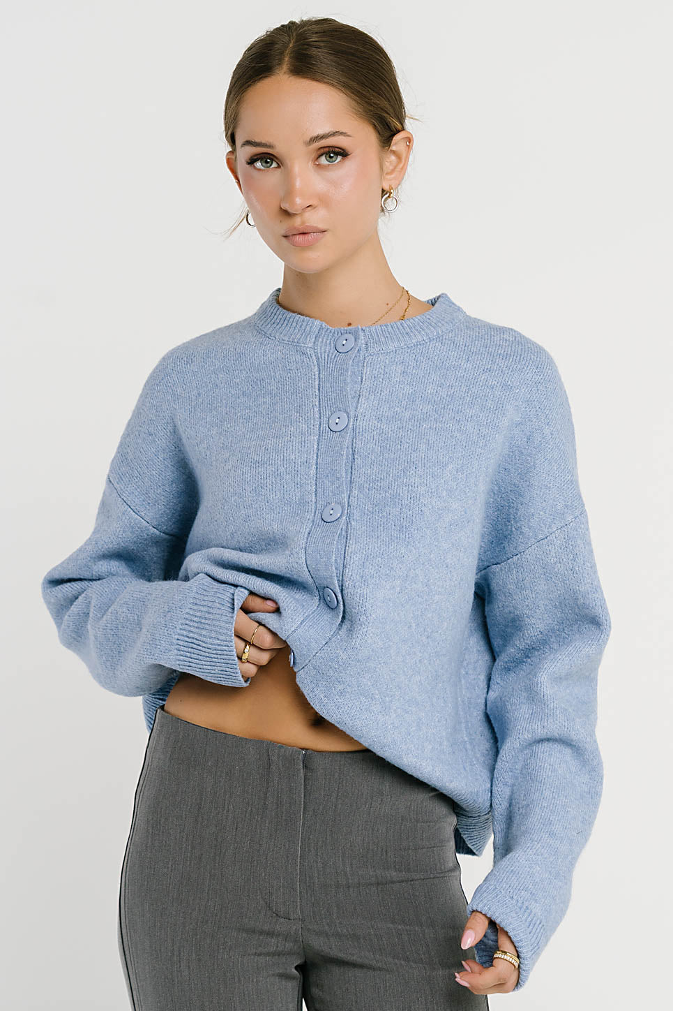 Stretch Knit Cardigan with Button Front and Ribbed Hemlines, Light Blue