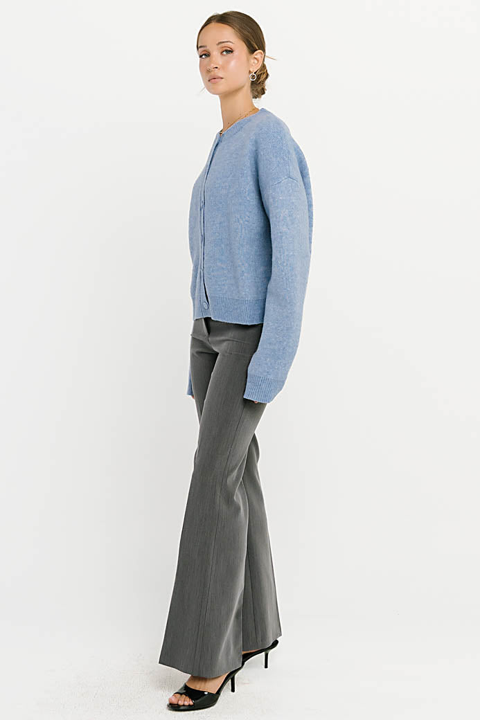 Stretch Knit Cardigan with Button Front and Ribbed Hemlines, Light Blue