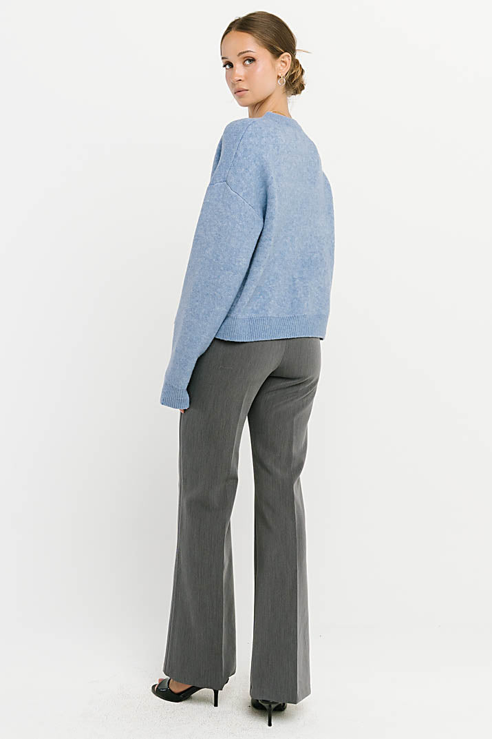 Stretch Knit Cardigan with Button Front and Ribbed Hemlines, Light Blue