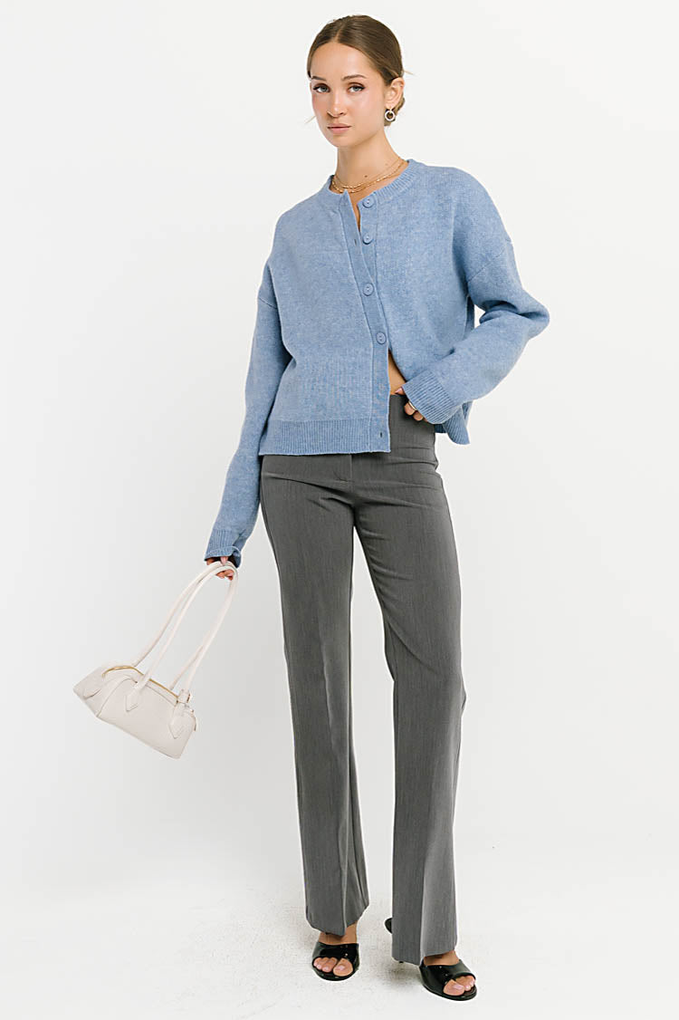Stretch Knit Cardigan with Button Front and Ribbed Hemlines, Light Blue