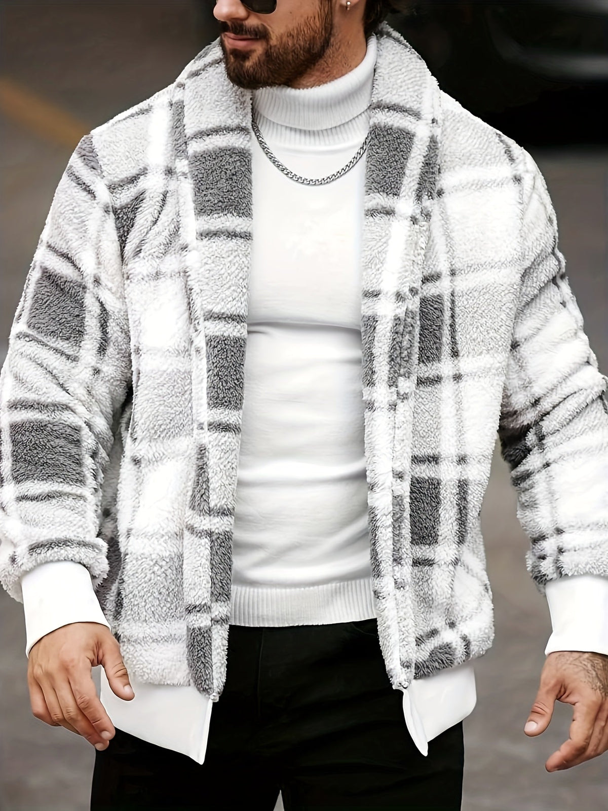Checked Button Front Jacket with Relaxed Fit and Soft Fabric