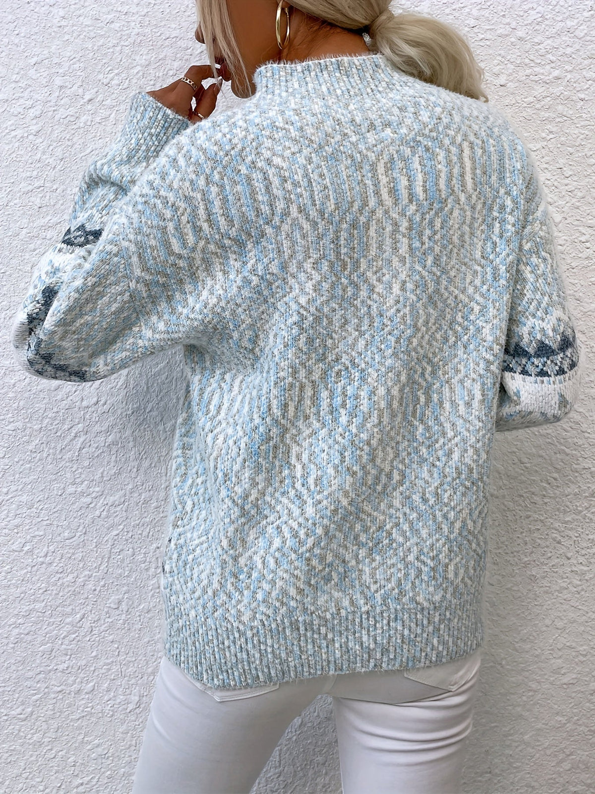 Mock Neck Sweater with Snowflake Knit Pattern and Relaxed Fit