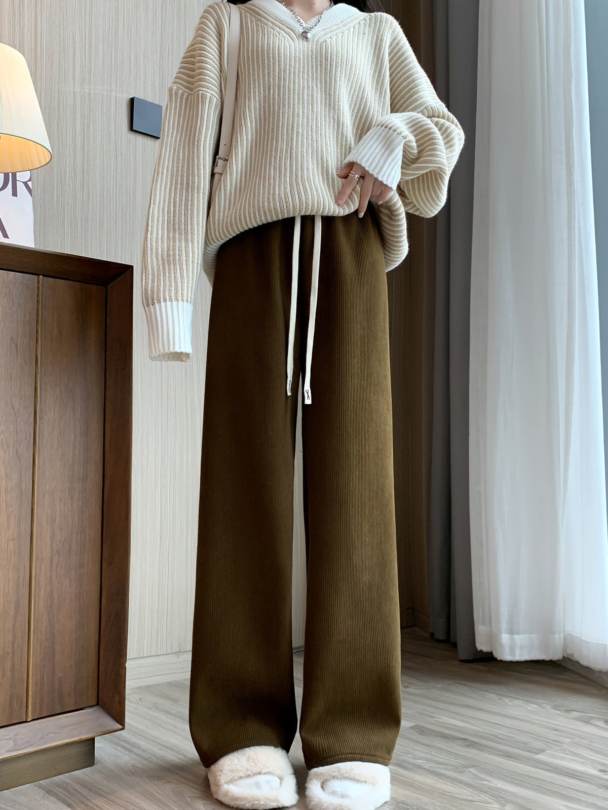 Wide Leg Lined Pants with Soft Inner Lining and Elastic Waistband