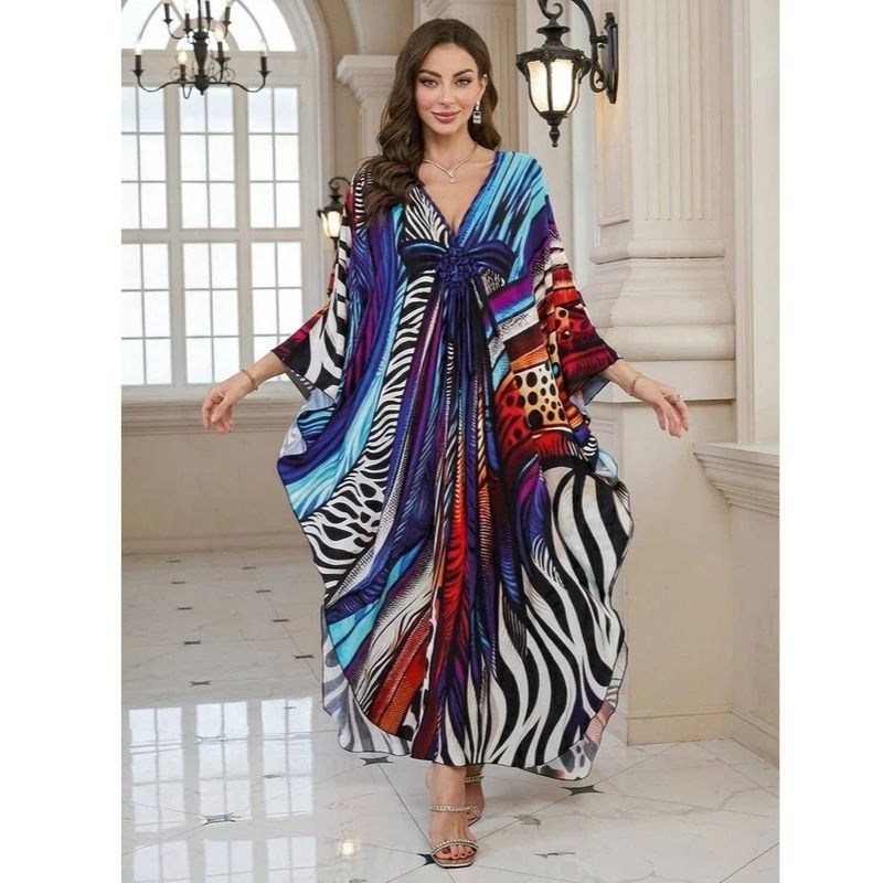 Moomoo Dresses for Women, Plus Size V Neck Batwing Sleeve Floral Kaftan Beach Cover Up Dress