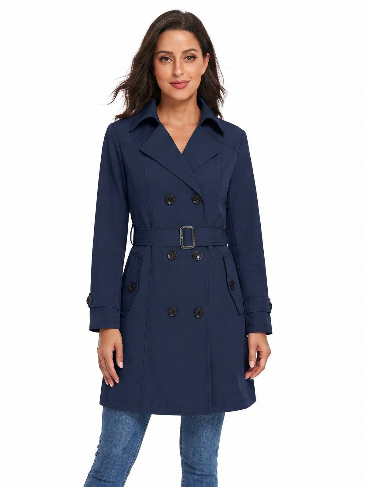 Womens Trench Coat, Classic Lapel, Belted Outerwear