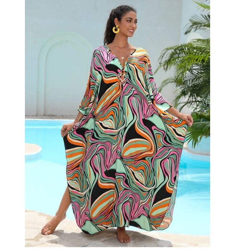 Moomoo Dresses for Women, Plus Size Hawaiian Batwing Sleeve Kaftan Beach Cover Up Dress