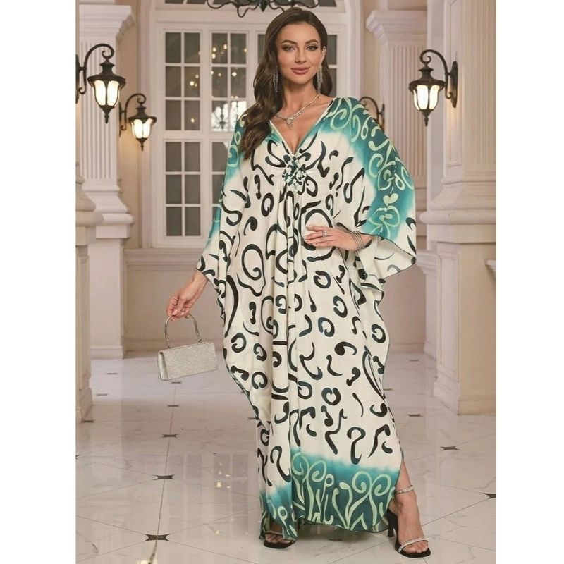 Moomoo Dresses for Women, Plus Size V Neck Batwing Sleeve Floral Kaftan Beach Cover Up Dress