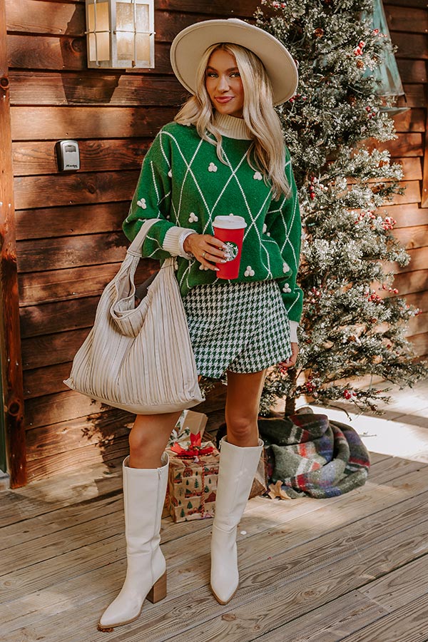Relaxed Knit Sweater with Diamond Texture and Pom Accents, Mock Neck