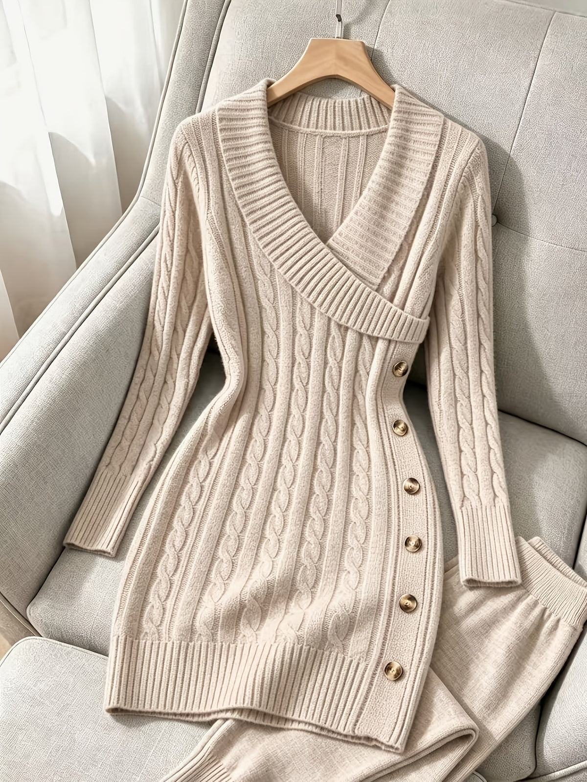 Cable Knit Midi Dress with Crossover V-Neckline and Side Button Closure