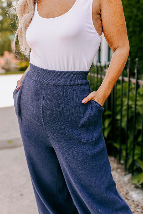 High Waist Knit Pants with Elastic Waistband and Side Pockets, Pleated Hem
