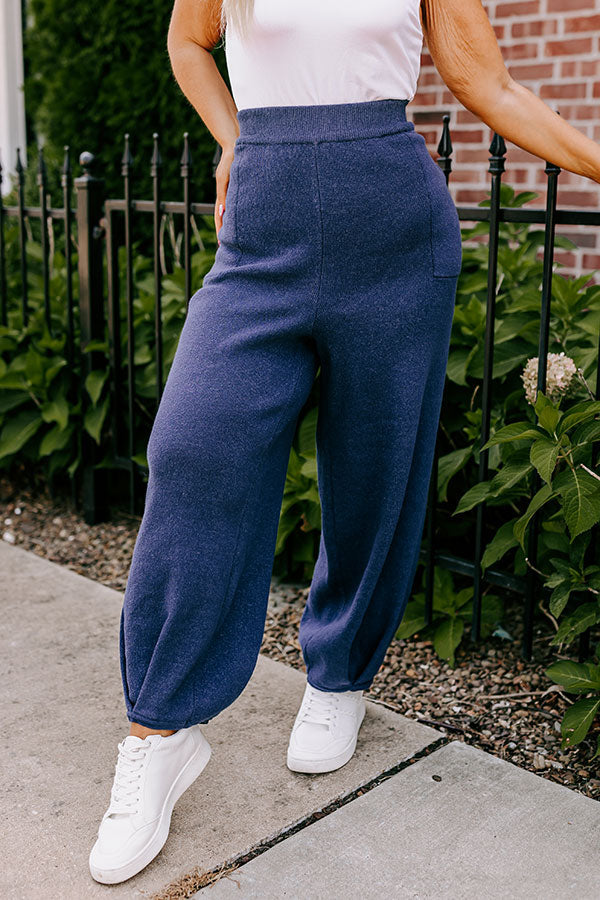 High Waist Knit Pants with Elastic Waistband and Side Pockets, Pleated Hem
