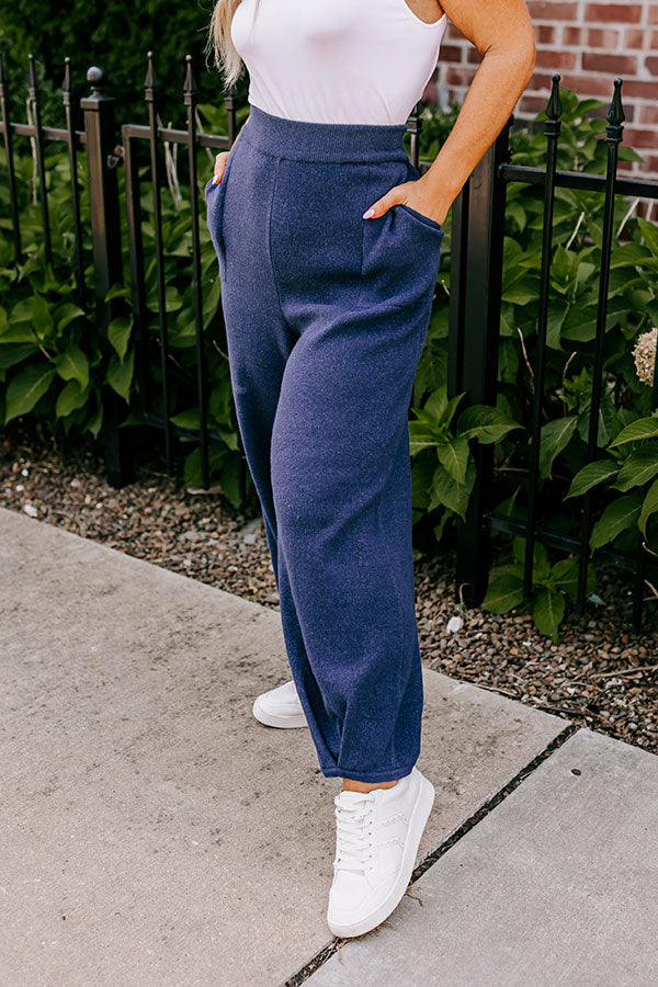 High Waist Knit Pants with Elastic Waistband and Side Pockets, Pleated Hem