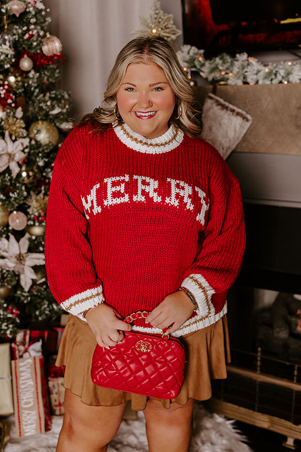 Crew Neck Knit Sweater with Merry Lettering and Mocha Trim, Plus Size