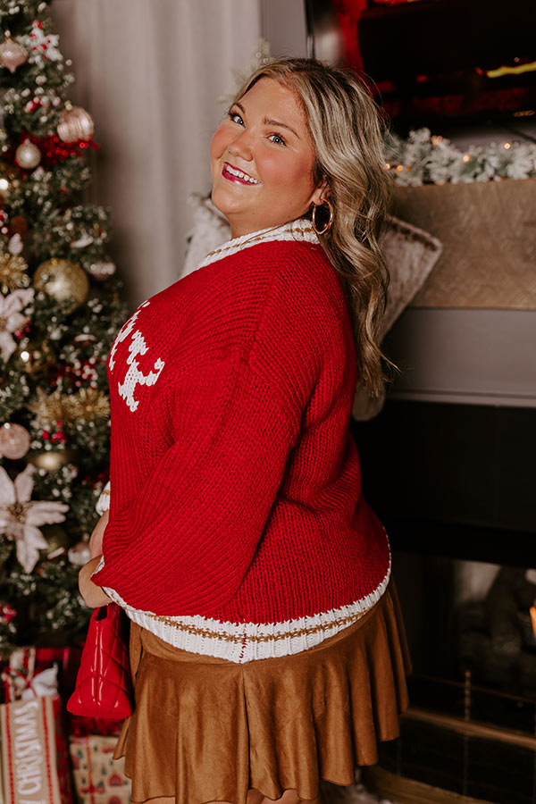 Crew Neck Knit Sweater with Merry Lettering and Mocha Trim, Plus Size