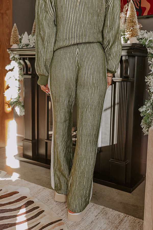 Striped Knit Pants with Elastic Waist and Ribbed Texture, White and Olive