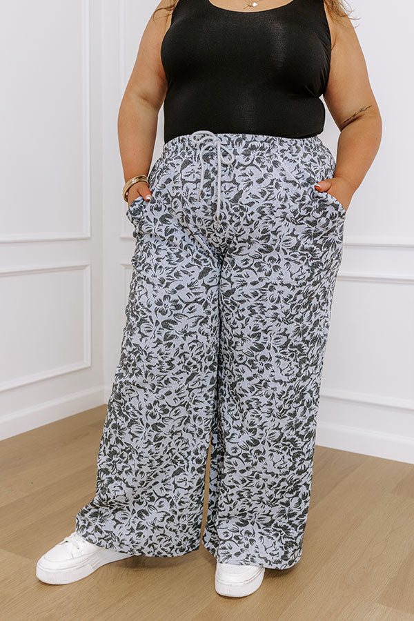 Floral Jacquard Wide Leg Pants with Elastic Drawstring Waistband and Side Pockets