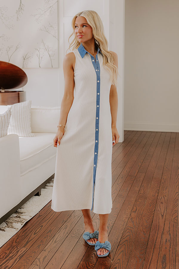 Ribbed Collared Midi Dress with Button Placket and Front Slit