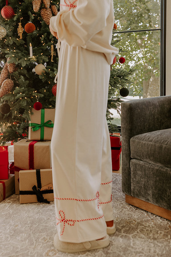 Wide Leg Lounge Pants with Striped Bow Trim and Adjustable Drawstring