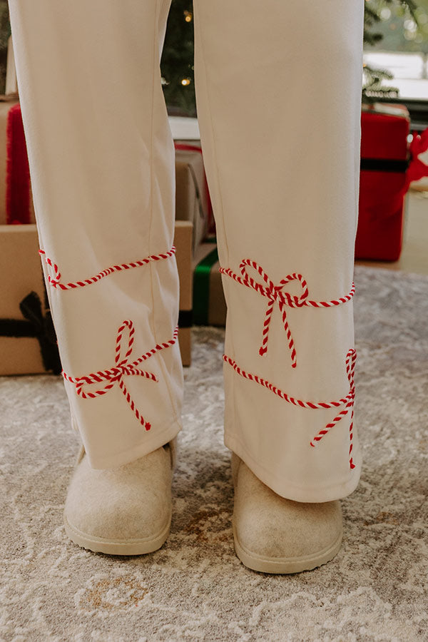Wide Leg Lounge Pants with Striped Bow Trim and Adjustable Drawstring