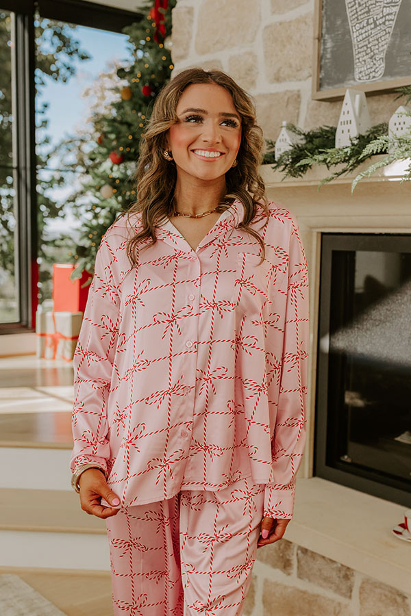 Button Front Satin Pajama Top with Striped Bow Print and Chest Pocket