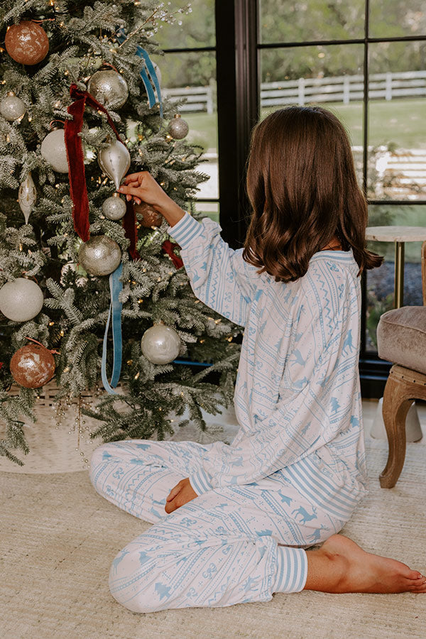 Long Sleeve Velour Pajama Top with Festive Reindeer Print and Ribbed Trim