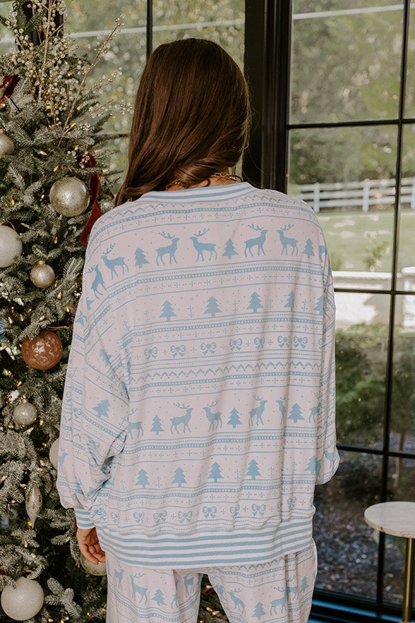 Long Sleeve Velour Pajama Top with Festive Reindeer Print and Ribbed Trim