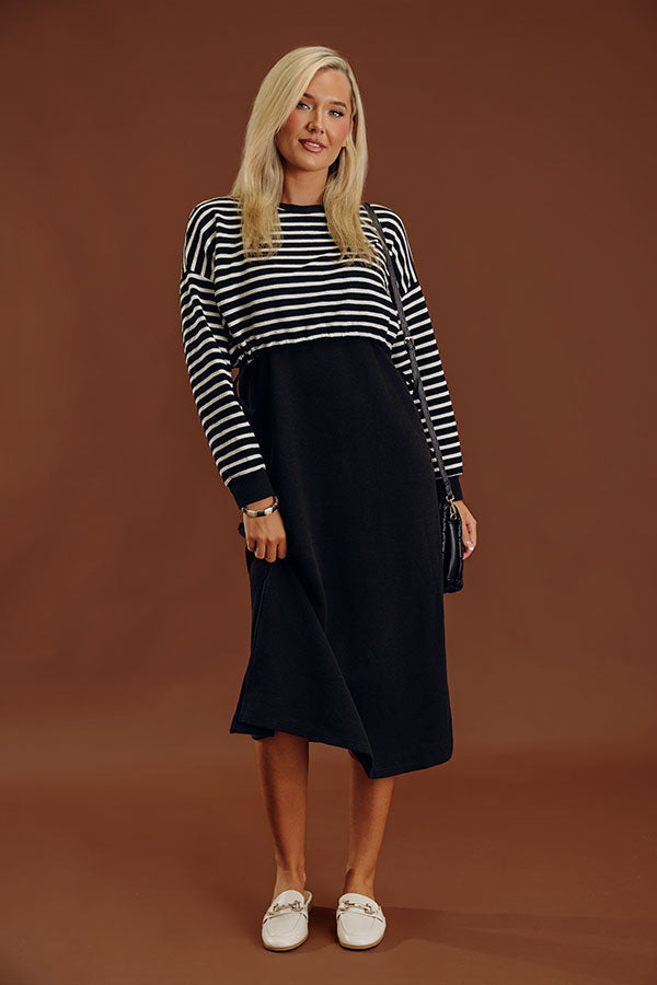 Striped Waffle Knit Maxi Dress with Adjustable Side Ties and Long Sleeves