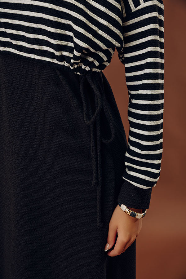 Striped Waffle Knit Maxi Dress with Adjustable Side Ties and Long Sleeves