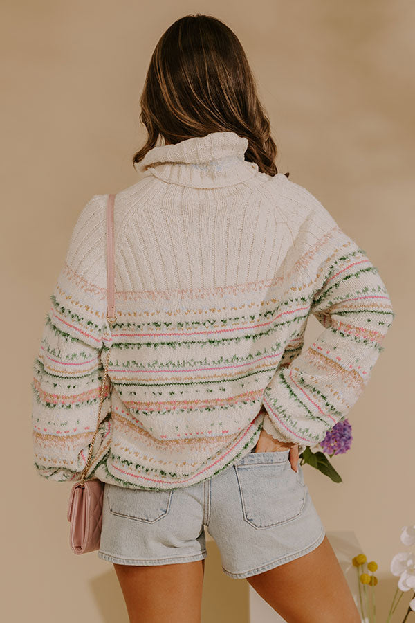 Turtleneck Sweater with Multicolor Woven Knit and Ribbed Cuffs