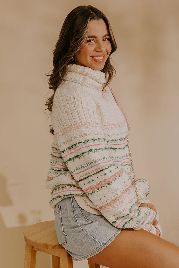 Turtleneck Sweater with Multicolor Woven Knit and Ribbed Cuffs