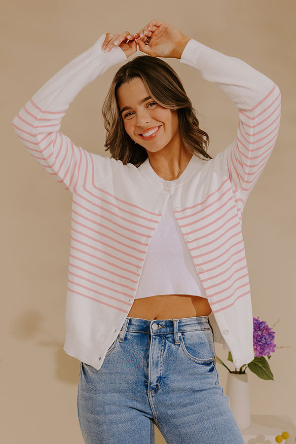Striped Button Front Cardigan with Ribbed Cuffs and Crew Neckline