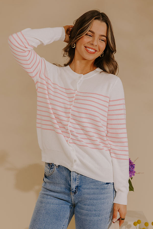Striped Button Front Cardigan with Ribbed Cuffs and Crew Neckline