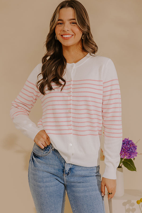Striped Button Front Cardigan with Ribbed Cuffs and Crew Neckline
