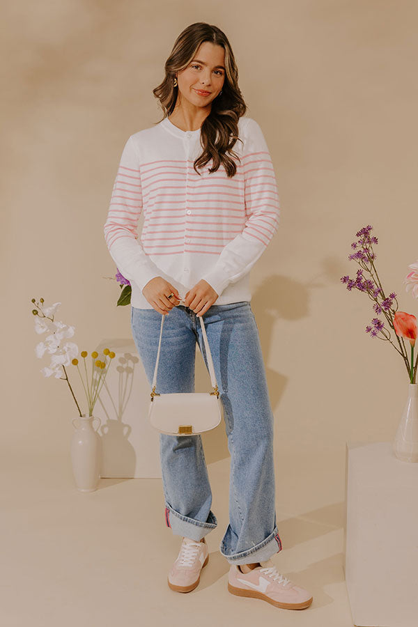 Striped Button Front Cardigan with Ribbed Cuffs and Crew Neckline