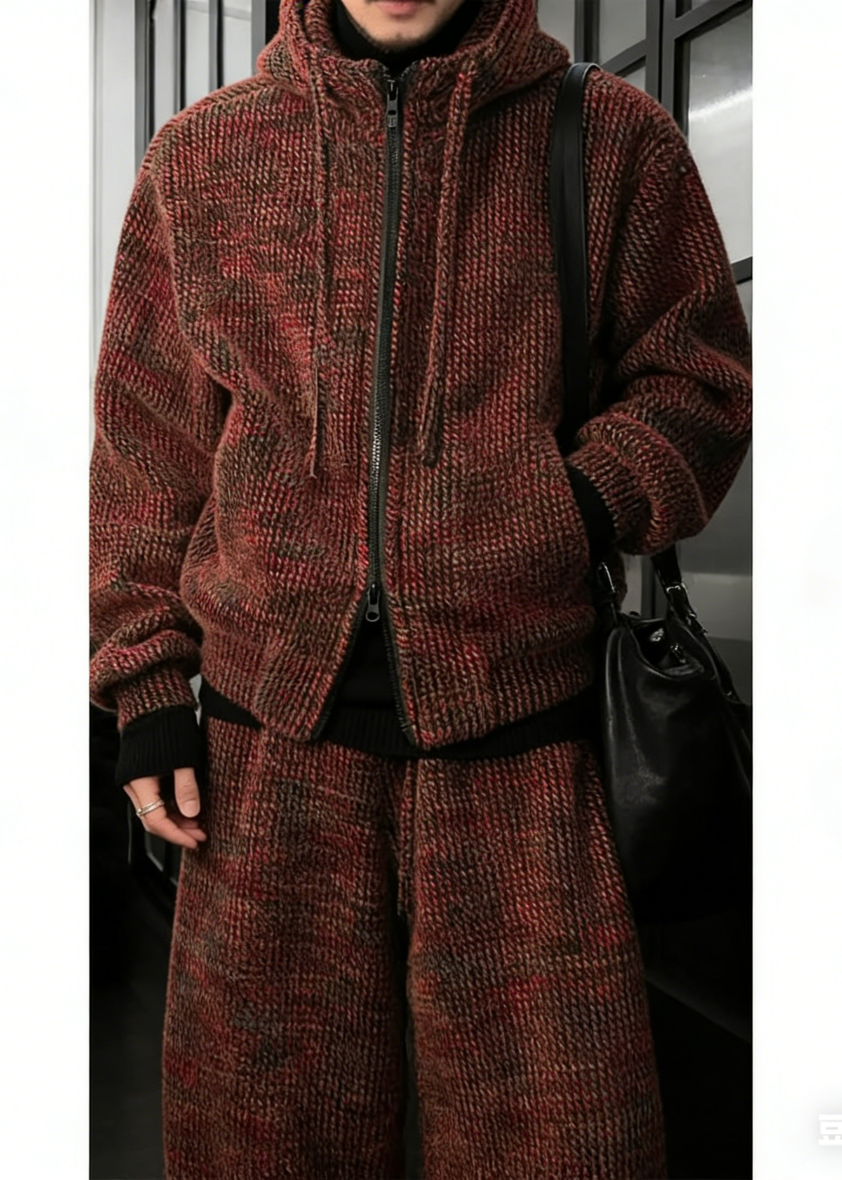 Textured Knit Hoodie and Wide Leg Pants Set with Mixed Color Yarn