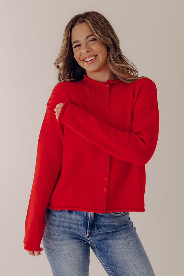 Red Knit Cardigan with Rolled Detailing and Button Front Closure