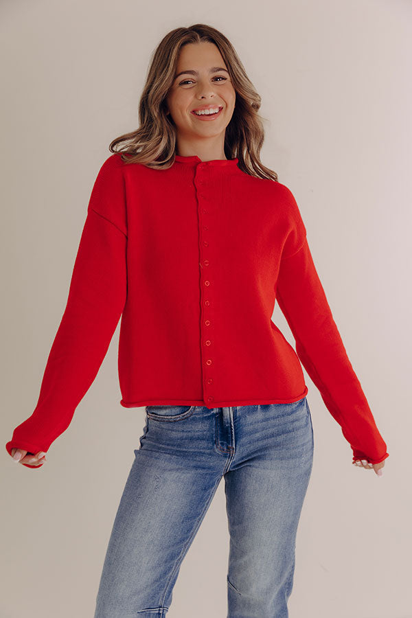 Red Knit Cardigan with Rolled Detailing and Button Front Closure