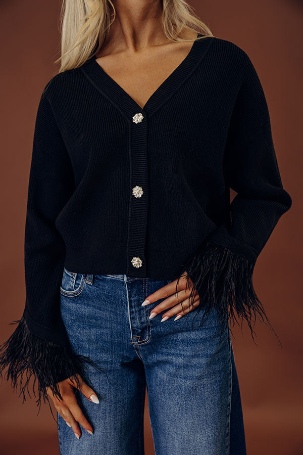 Ribbed Knit Cardigan with Feather Cuff and Rhinestone Buttons in Black