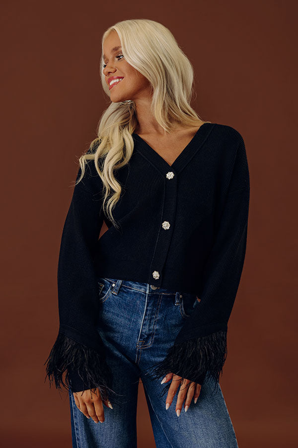 Ribbed Knit Cardigan with Feather Cuff and Rhinestone Buttons in Black
