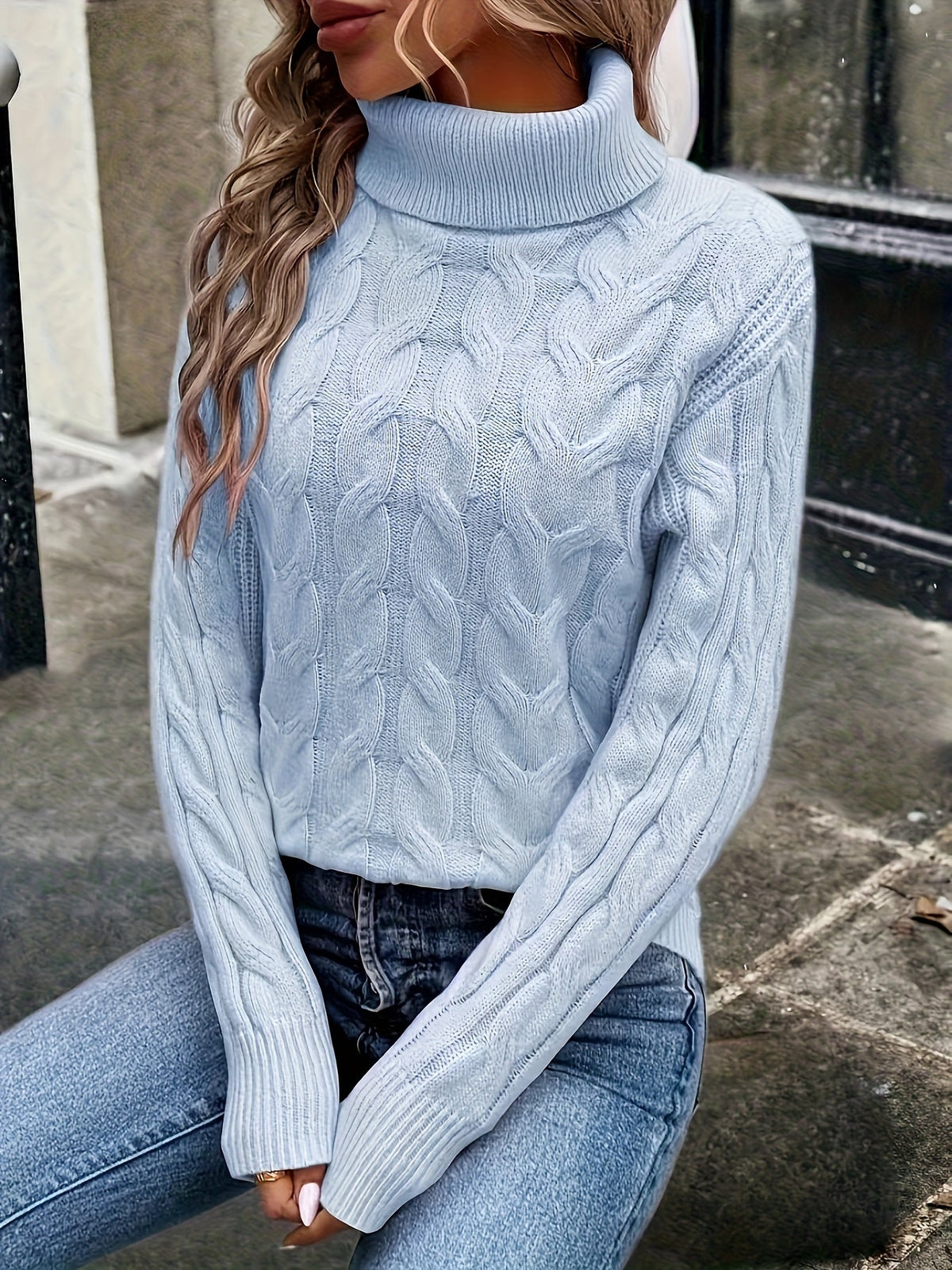 Cable Knit Turtleneck Sweater with Relaxed Fit and High Roll Neck