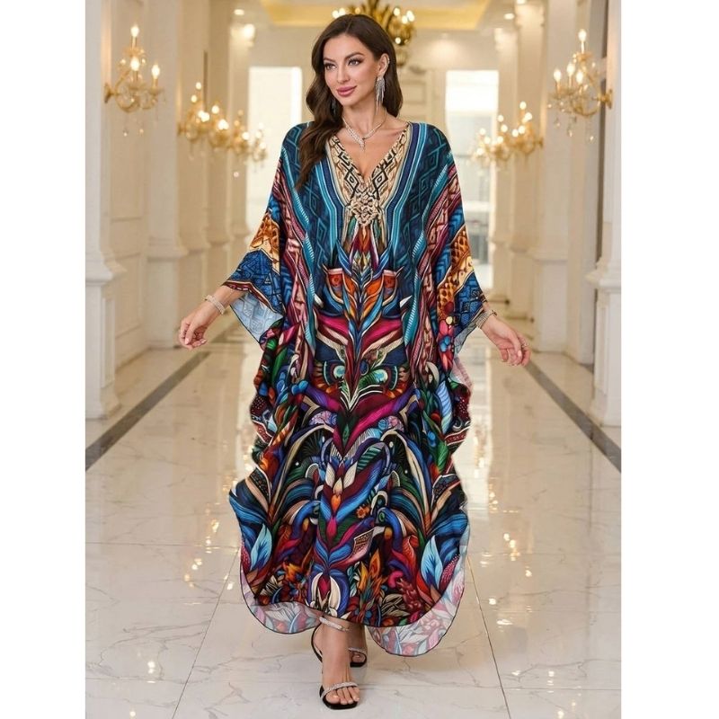 Moomoo Dresses for Women, Plus Size V Neck Batwing Sleeve Floral Kaftan Beach Cover Up Dress