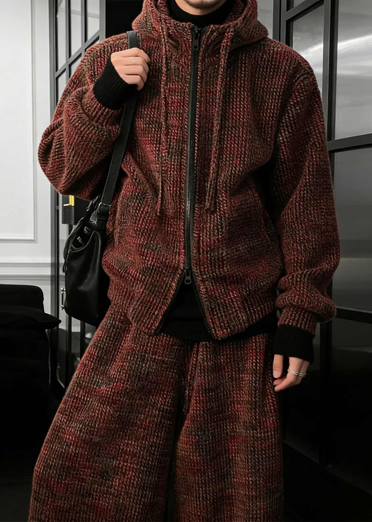 Textured Knit Hoodie and Wide Leg Pants Set with Mixed Color Yarn