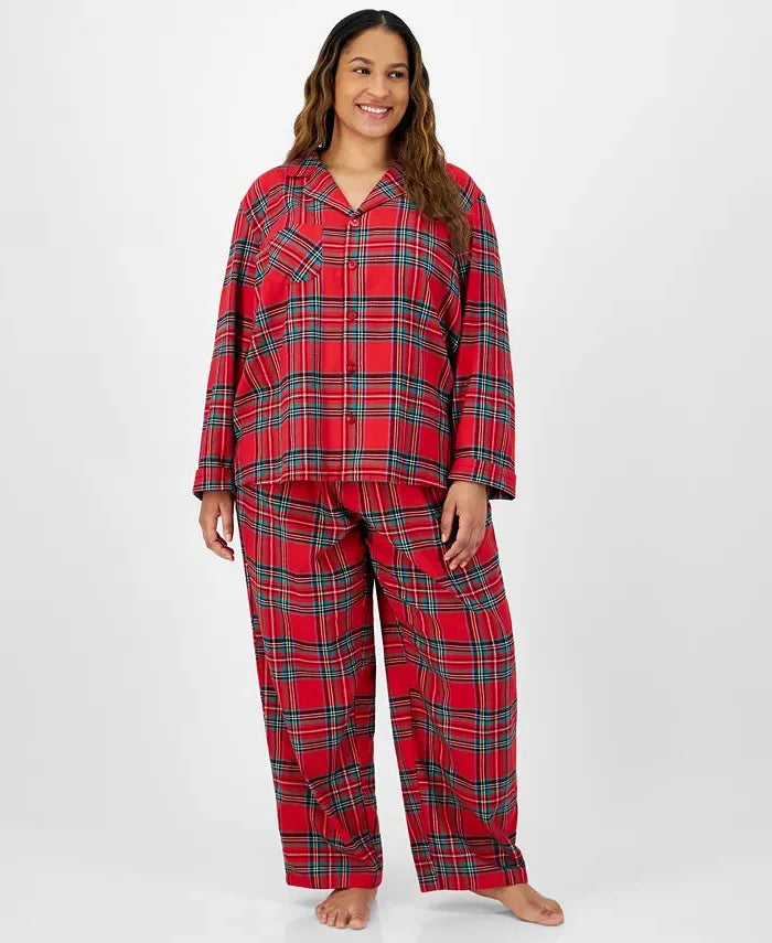 Plaid Flannel Pajama Set with Button Front Top and Drawstring Pants
