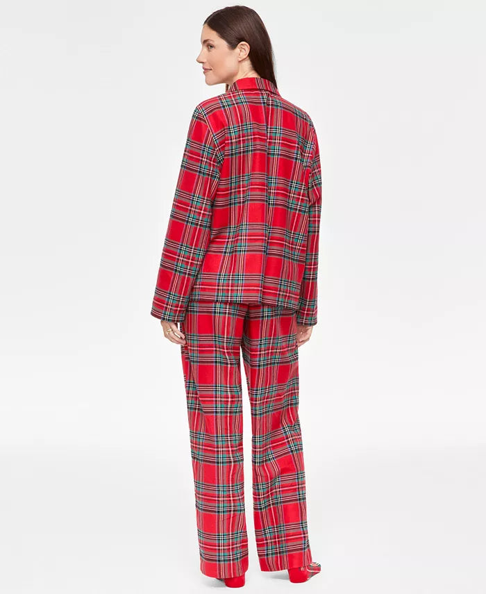 Plaid Flannel Pajama Set with Button Front and Notched Collar, Machine Washable
